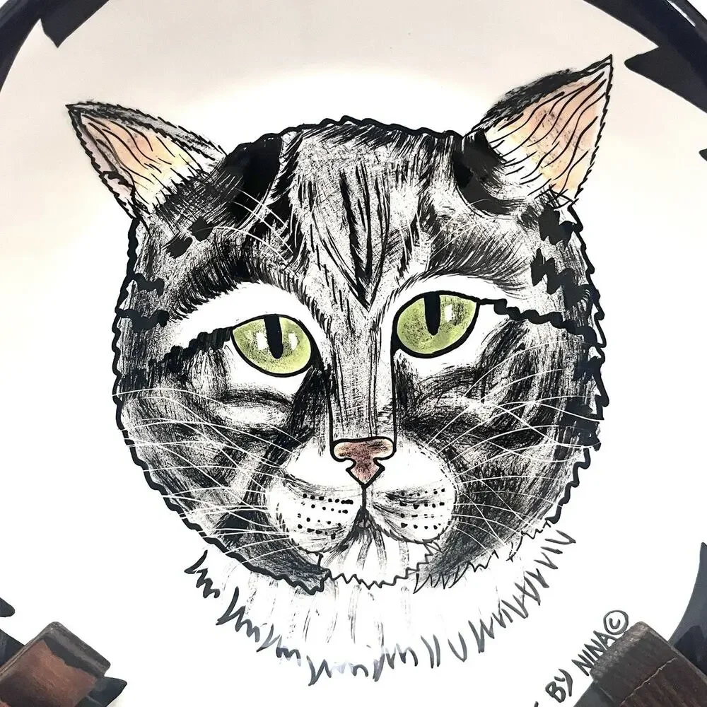 Cats By Nina Bowl Hand Painted Nina Lyman 8 Inches Black Tabby Cat Green Eyes